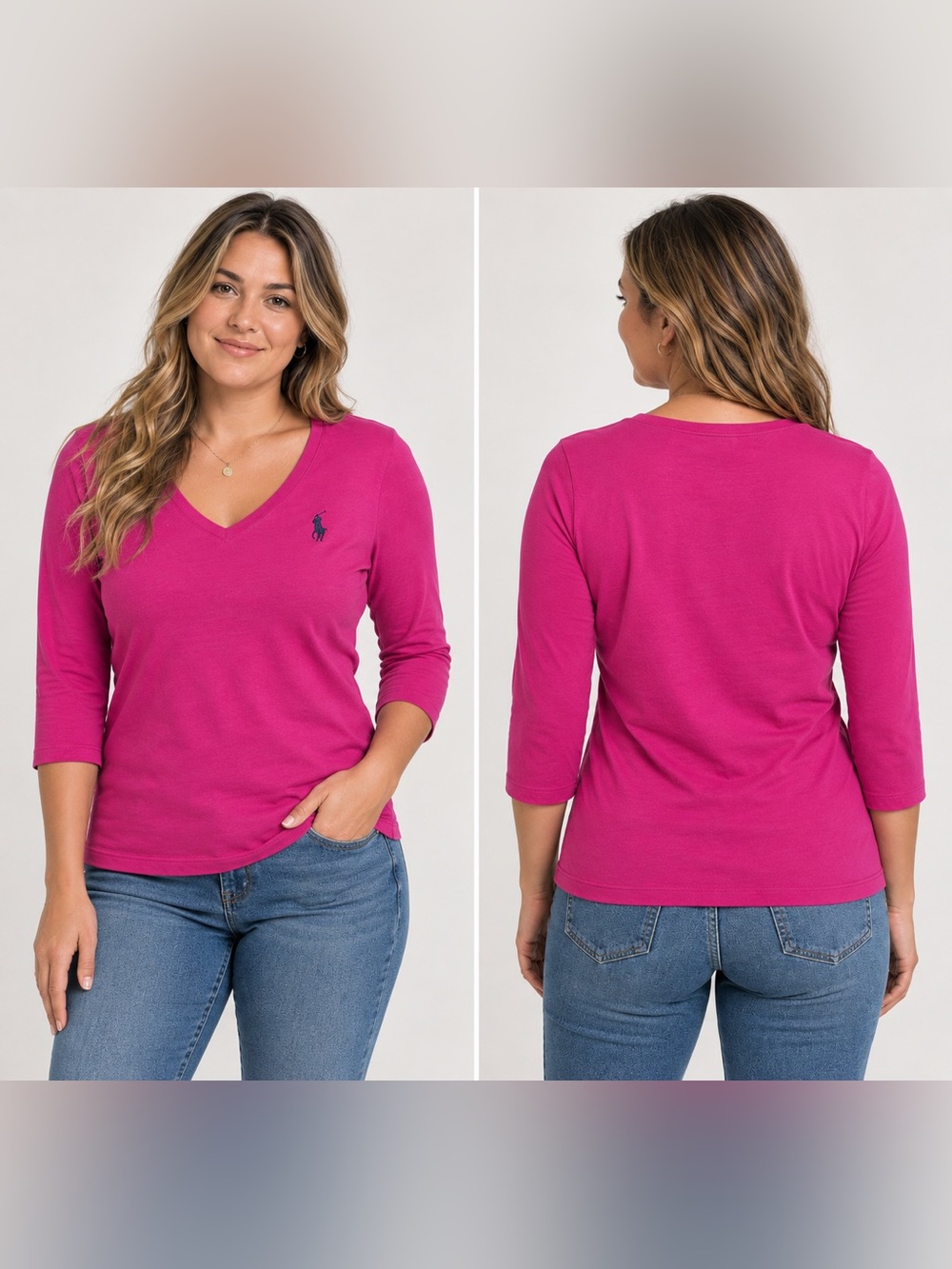 U.S. Polo Assn. Women’s XL Pink V-Neck 3/4 Sleeve Cotton Shirt Logo